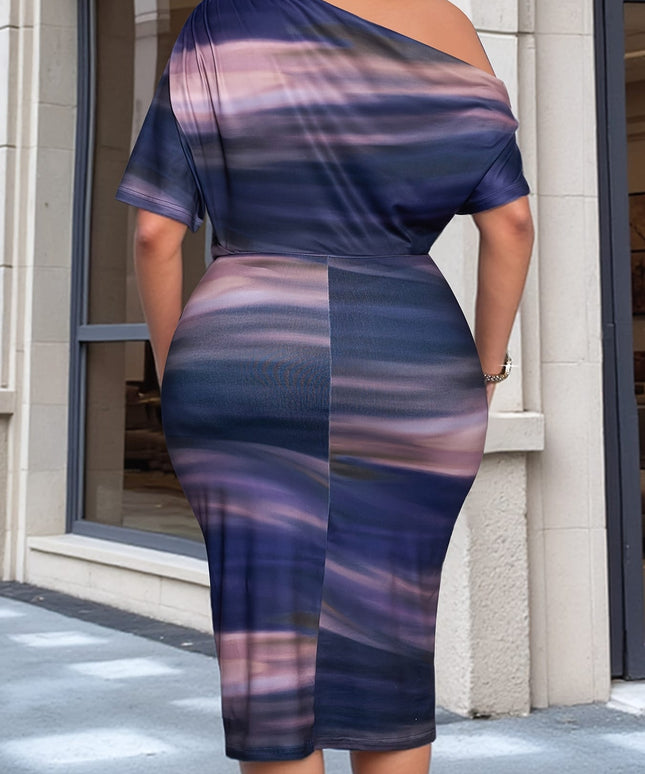 jkthpu-45 Plus Size, Women's Chic One-Shoulder Dress - Elegant Party, Formal, Festival Outfit - Purple to Blue Ombre - Machine Washable Evening Gown for Women - Spring/Summer Women's Fashion, Sophisticated Design