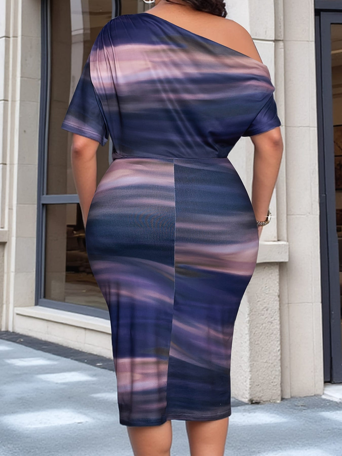 jkthpu-45 Plus Size, Women's Chic One-Shoulder Dress - Elegant Party, Formal, Festival Outfit - Purple to Blue Ombre - Machine Washable Evening Gown for Women - Spring/Summer Women's Fashion, Sophisticated Design