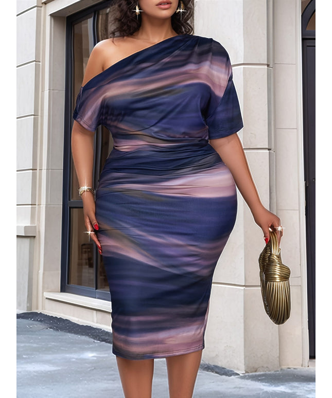 jkthpu-45 Plus Size, Women's Chic One-Shoulder Dress - Elegant Party, Formal, Festival Outfit - Purple to Blue Ombre - Machine Washable Evening Gown for Women - Spring/Summer Women's Fashion, Sophisticated Design