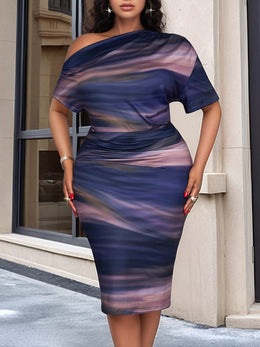 jkthpu-45 Plus Size, Women's Chic One-Shoulder Dress - Elegant Party, Formal, Festival Outfit - Purple to Blue Ombre - Machine Washable Evening Gown for Women - Spring/Summer Women's Fashion, Sophisticated Design