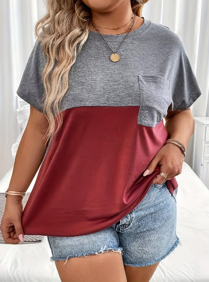 KissICON Plus Size Women's Color-Block Round Neck T-Shirt - Heather Gray & Navy Blue, Stretchy Fabric with Chest Pocket, Elegant Casual Style for Spring Summer Fall, Ladies T Shirts, Seasonal Fashion, Chic Design, Breathable Material,
