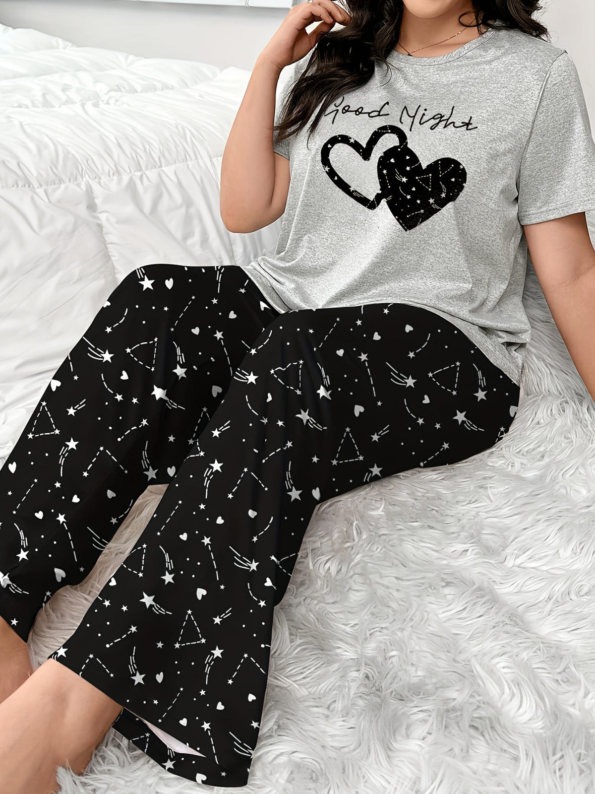 jkthpu-45 Plus Size Women's Comfortable Heart Print Pajama Set
