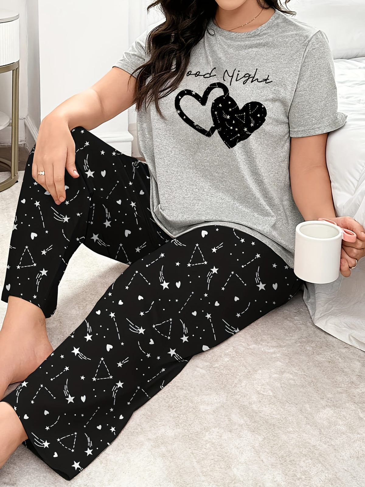 jkthpu-45 Plus Size Women's Comfortable Heart Print Pajama Set