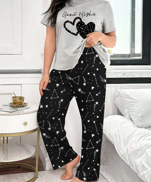 jkthpu-45 Plus Size Women's Comfortable Heart Print Pajama Set