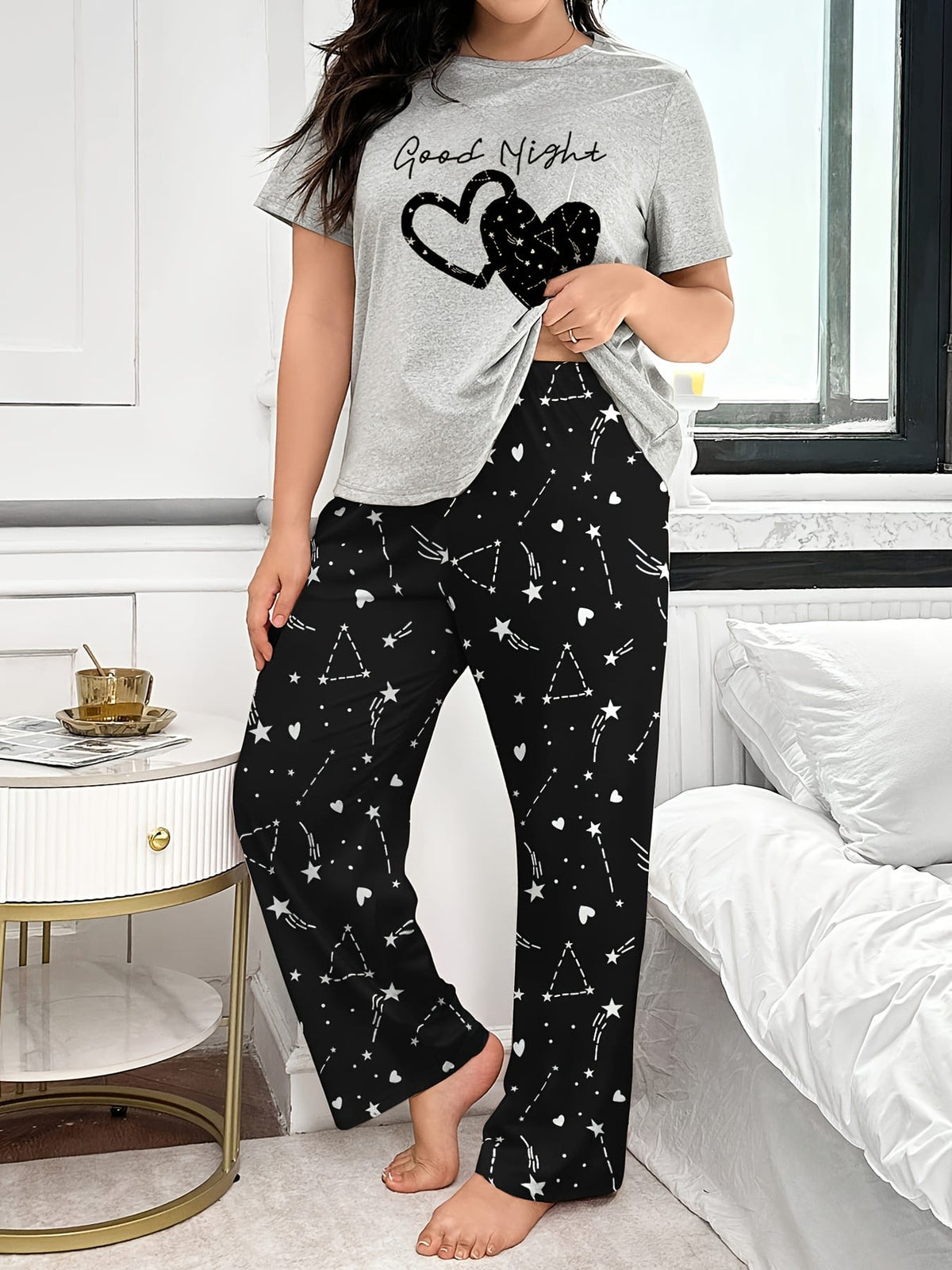 jkthpu-45 Plus Size Women's Comfortable Heart Print Pajama Set