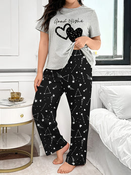 jkthpu-45 Plus Size Women's Comfortable Heart Print Pajama Set