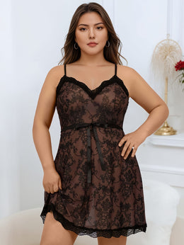 jkthpu-45 Plus Size Women's Contrast Lace Spaghetti Suspender Dress