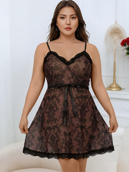 jkthpu-45 Plus Size Women's Contrast Lace Spaghetti Suspender Dress