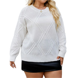 Dropshipman Plus Size Women's Diamond Patterned Casual Sweater Pullover Solid Color Long Sleeved Top Autumn Winter Warm Base Sweaters