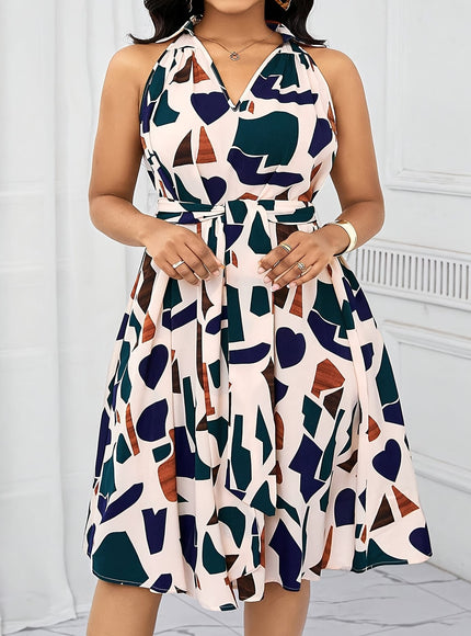 jkthpu-45 Plus-Size Women'S Dress, Elegant Holiday Gown with Geometric Prints And a Bow Waist Design.