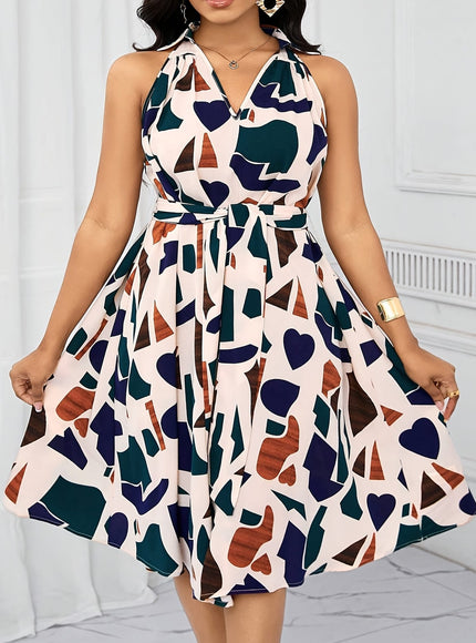 jkthpu-45 Plus-Size Women'S Dress, Elegant Holiday Gown with Geometric Prints And a Bow Waist Design.