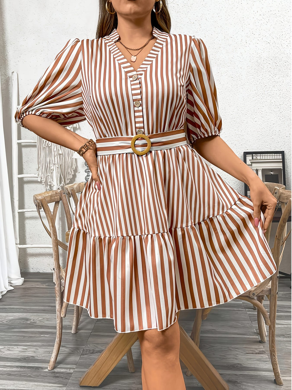 jkthpu-45 Plus Size Women'S Dress | V-Neck with Button Detail | Striped Polyester-Elastane Blend | Flutter Sleeves | Non-Stretch Fabric | Ideal for Spring/Summer/Autumn | Elegant & Comfortable Fit | Machine Washable | Perfect for Casual and Formal Occasions, Casual