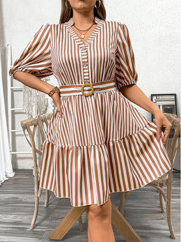 jkthpu-45 Plus Size Women'S Dress | V-Neck with Button Detail | Striped Polyester-Elastane Blend | Flutter Sleeves | Non-Stretch Fabric | Ideal for Spring/Summer/Autumn | Elegant & Comfortable Fit | Machine Washable | Perfect for Casual and Formal Occasions, Casual