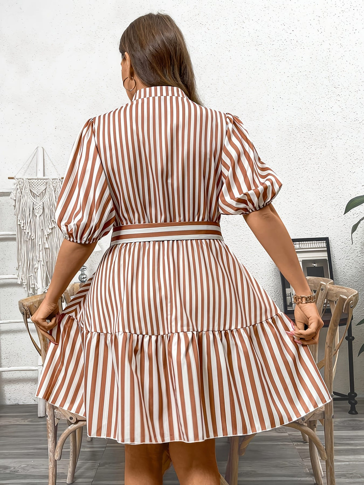 jkthpu-45 Plus Size Women'S Dress | V-Neck with Button Detail | Striped Polyester-Elastane Blend | Flutter Sleeves | Non-Stretch Fabric | Ideal for Spring/Summer/Autumn | Elegant & Comfortable Fit | Machine Washable | Perfect for Casual and Formal Occasions, Casual