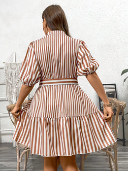 jkthpu-45 Plus Size Women'S Dress | V-Neck with Button Detail | Striped Polyester-Elastane Blend | Flutter Sleeves | Non-Stretch Fabric | Ideal for Spring/Summer/Autumn | Elegant & Comfortable Fit | Machine Washable | Perfect for Casual and Formal Occasions, Casual