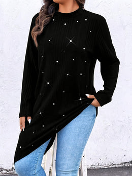 KissICON Plus Size - Women'S Elegant Asymmetrical hem T-Shirt - Long Sleeve Blouse, Stretchy Fabric for Everyday & Formal Outfits - Spring/Fall/Summer Transitional Tops - Women'S Fashion Tops, Spring Summer Apparel, Round Neckline Top