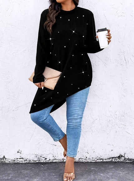KissICON Plus Size - Women'S Elegant Asymmetrical hem T-Shirt - Long Sleeve Blouse, Stretchy Fabric for Everyday & Formal Outfits - Spring/Fall/Summer Transitional Tops - Women'S Fashion Tops, Spring Summer Apparel, Round Neckline Top