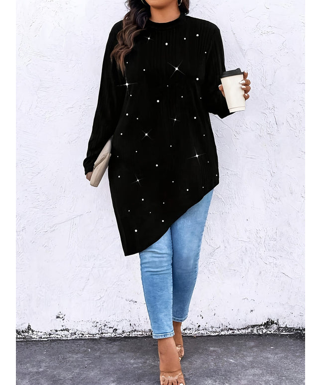 KissICON Plus Size - Women'S Elegant Asymmetrical hem T-Shirt - Long Sleeve Blouse, Stretchy Fabric for Everyday & Formal Outfits - Spring/Fall/Summer Transitional Tops - Women'S Fashion Tops, Spring Summer Apparel, Round Neckline Top