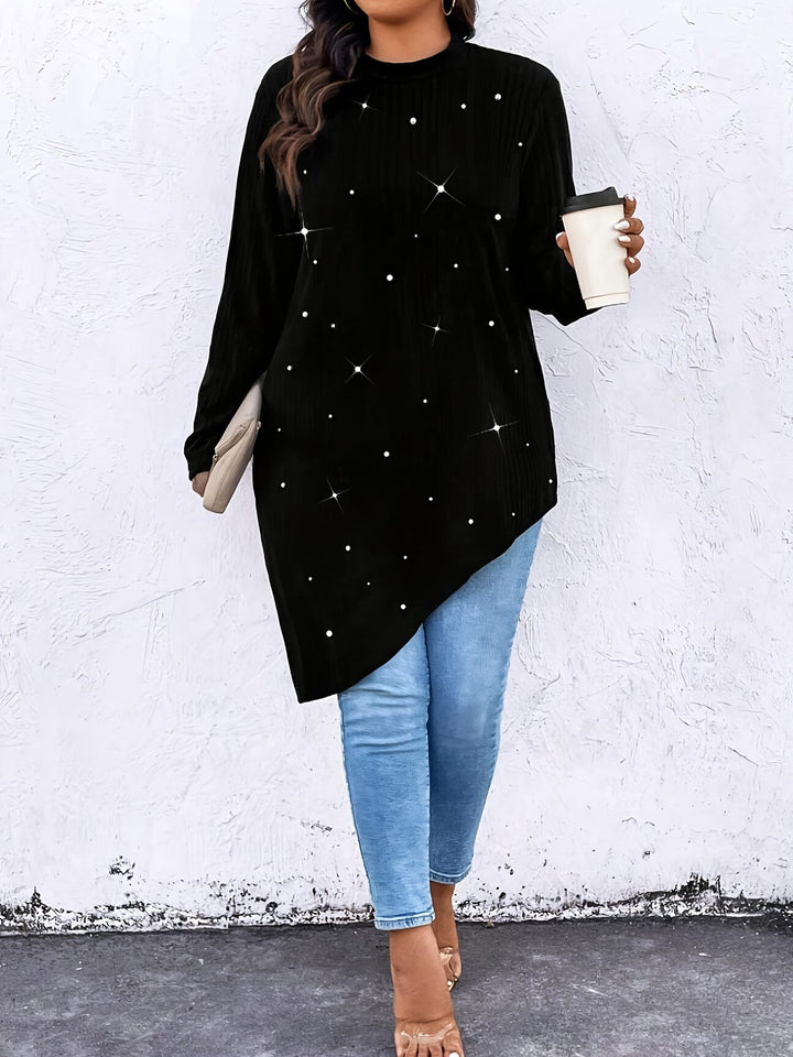Plus Size - Women'S Elegant Asymmetrical hem T-Shirt - Long Sleeve Blouse, Stretchy Fabric for Everyday & Formal Outfits - Spring/Fall/Summer Transitional Tops - Women'S Fashion Tops, Spring Summer Apparel, Round Neckline Top