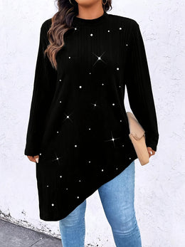 KissICON Plus Size - Women'S Elegant Asymmetrical hem T-Shirt - Long Sleeve Blouse, Stretchy Fabric for Everyday & Formal Outfits - Spring/Fall/Summer Transitional Tops - Women'S Fashion Tops, Spring Summer Apparel, Round Neckline Top