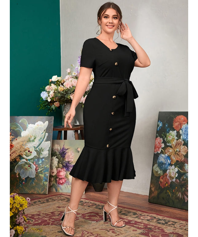 jkthpu-45 Plus Size, Women's Elegant Asymmetrical V-Neck Puff Sleeve Midi Dress - Soft Breathable Fabric, Bodycon Fit with Adjustable Waist Belt & Flared Hem for Casual Outings, Shopping, Spring Summer Fall, Shopping Attire, Highend Appeal