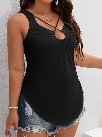 jkthpu-45 Plus Size Women's Elegant Black Cross-Front Tank Top