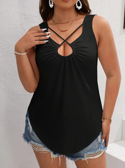 jkthpu-45 Plus Size Women's Elegant Black Cross-Front Tank Top
