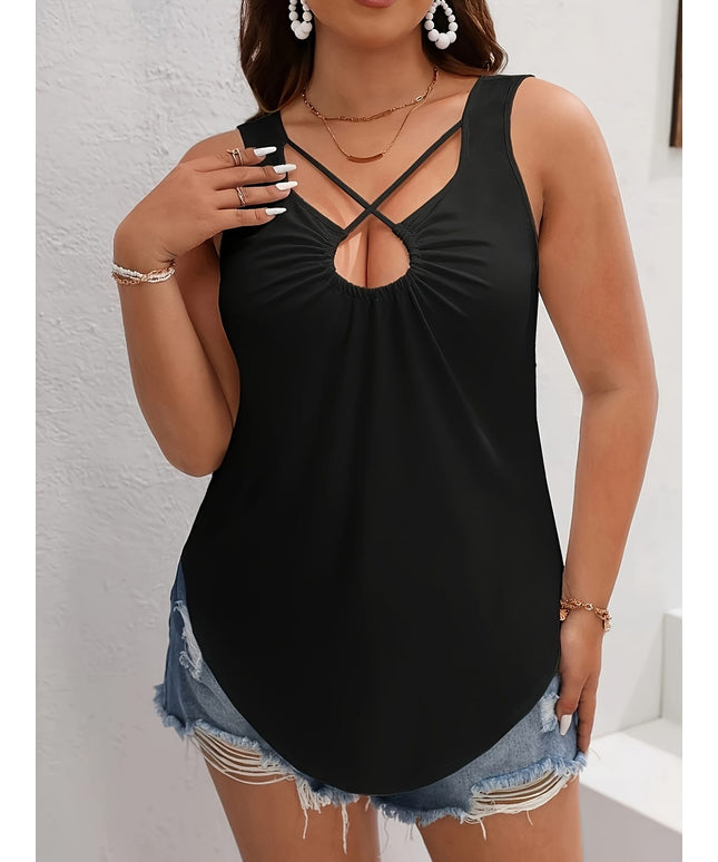jkthpu-45 Plus Size Women's Elegant Black Cross-Front Tank Top