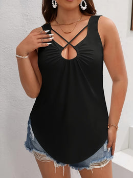 jkthpu-45 Plus Size Women's Elegant Black Cross-Front Tank Top