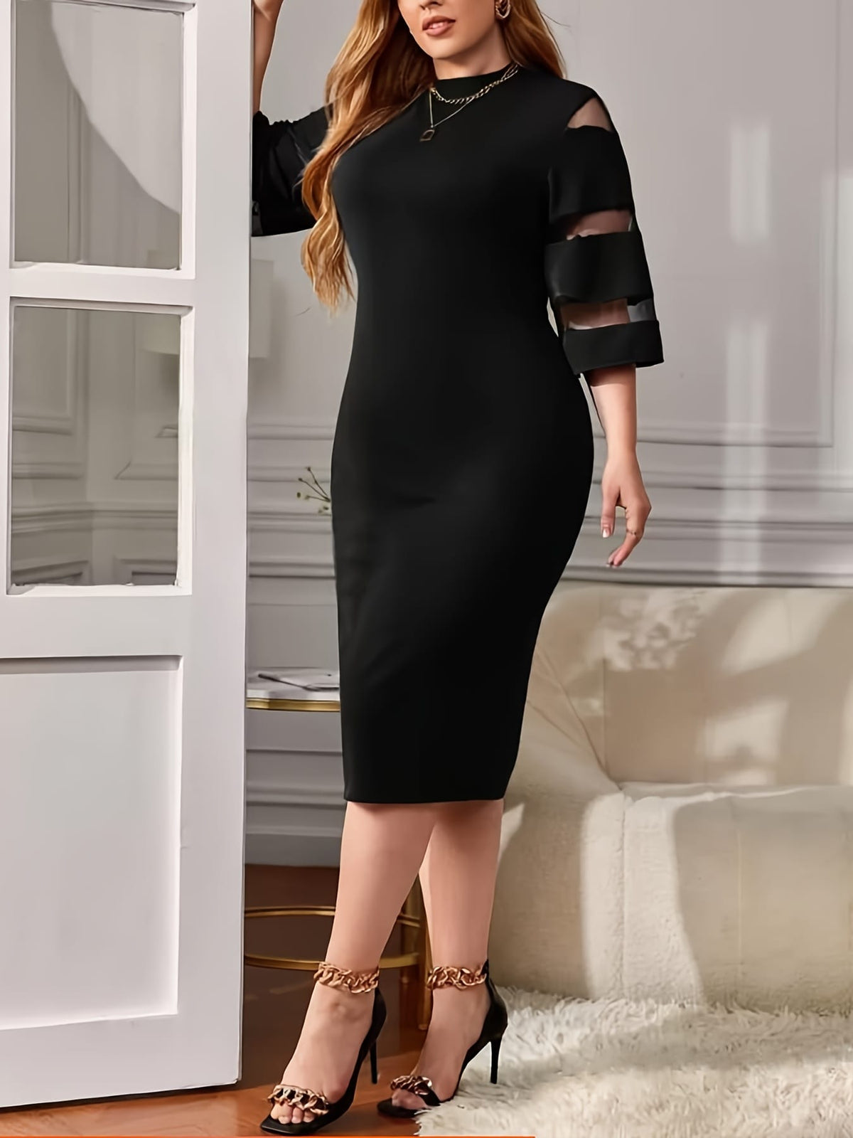 jkthpu-45 Plus Size, Women's Elegant Black Dress - Flared Sleeve Party & Formal Attire, Bodycon Fit Midi Length, Chic Everyday to Evening Outfits for Women