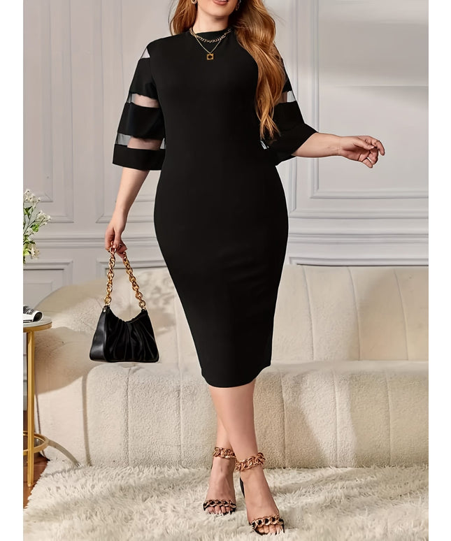 jkthpu-45 Plus Size, Women's Elegant Black Dress - Flared Sleeve Party & Formal Attire, Bodycon Fit Midi Length, Chic Everyday to Evening Outfits for Women