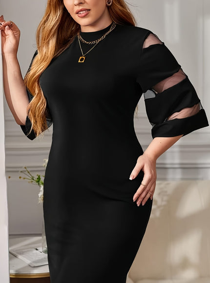 jkthpu-45 Plus Size, Women's Elegant Black Dress - Flared Sleeve Party & Formal Attire, Bodycon Fit Midi Length, Chic Everyday to Evening Outfits for Women