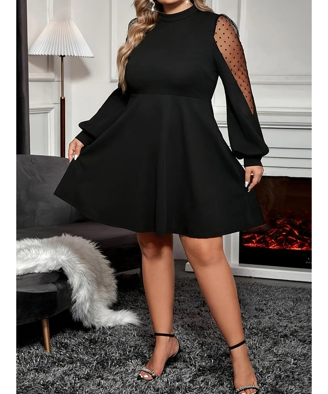 jkthpu-45 Plus Size Women's Elegant Black Dress with Sheer Mesh Sleeves & Puff Shoulder Detail - A-Line Flared Hem Party Dress, Stretchy Machine-Washable Fabric for Spring/Fall, Date Night or Evening Events, Elegant Evening Dresses, Formal Occasion, Chic Style, Dur