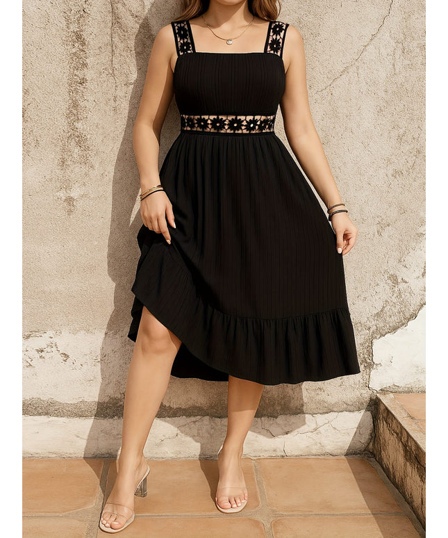 jkthpu-45 Plus Size Women's Elegant Black Square Neck Sleeveless Midi Dress with Floral Lace Trim & Ruching - A-Line Flared Hem Summer Casual Dress, Machine Washable, Nontransparent Material
