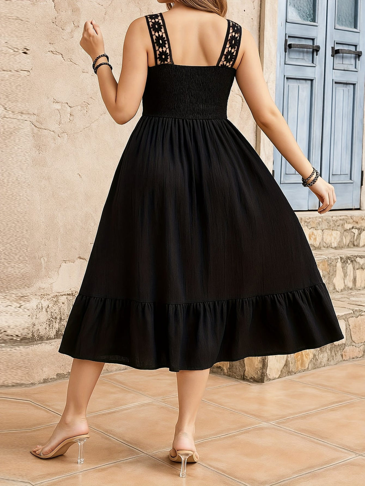 jkthpu-45 Plus Size Women's Elegant Black Square Neck Sleeveless Midi Dress with Floral Lace Trim & Ruching - A-Line Flared Hem Summer Casual Dress, Machine Washable, Nontransparent Material