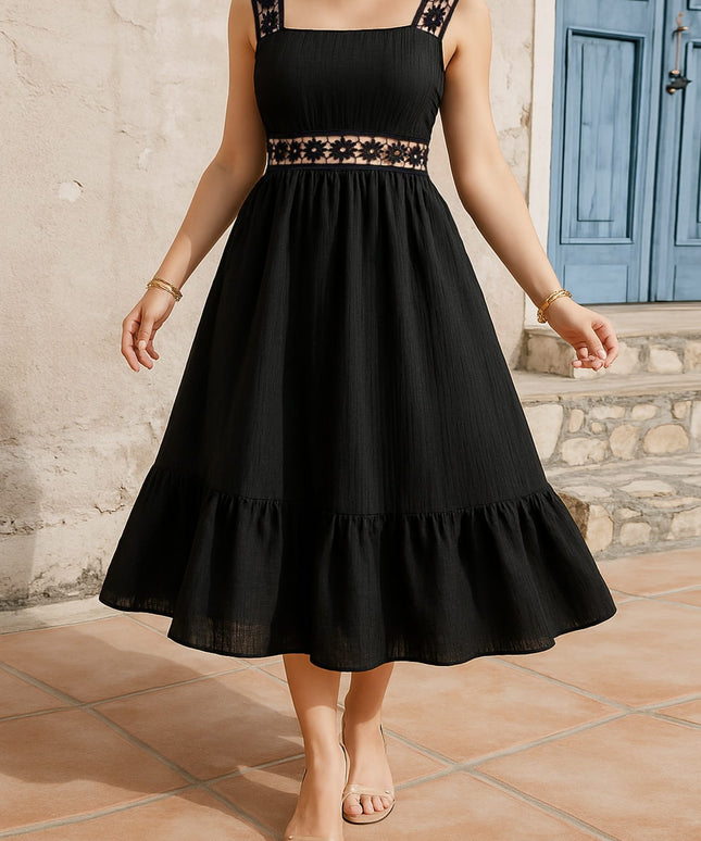 jkthpu-45 Plus Size Women's Elegant Black Square Neck Sleeveless Midi Dress with Floral Lace Trim & Ruching - A-Line Flared Hem Summer Casual Dress, Machine Washable, Nontransparent Material