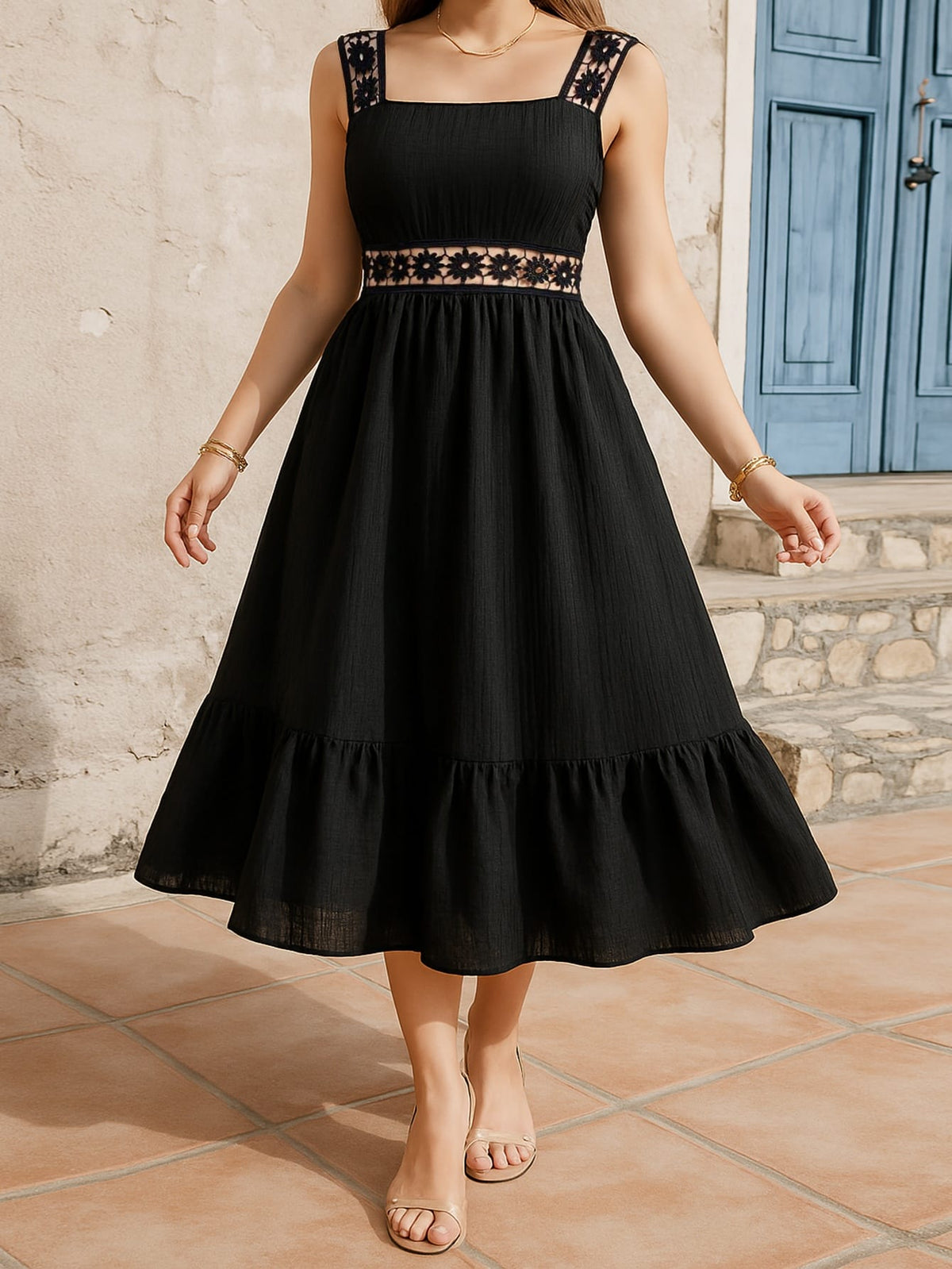 jkthpu-45 Plus Size Women's Elegant Black Square Neck Sleeveless Midi Dress with Floral Lace Trim & Ruching - A-Line Flared Hem Summer Casual Dress, Machine Washable, Nontransparent Material