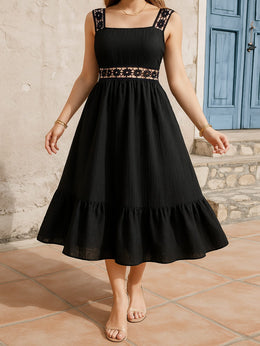 jkthpu-45 Plus Size Women's Elegant Black Square Neck Sleeveless Midi Dress with Floral Lace Trim & Ruching - A-Line Flared Hem Summer Casual Dress, Machine Washable, Nontransparent Material