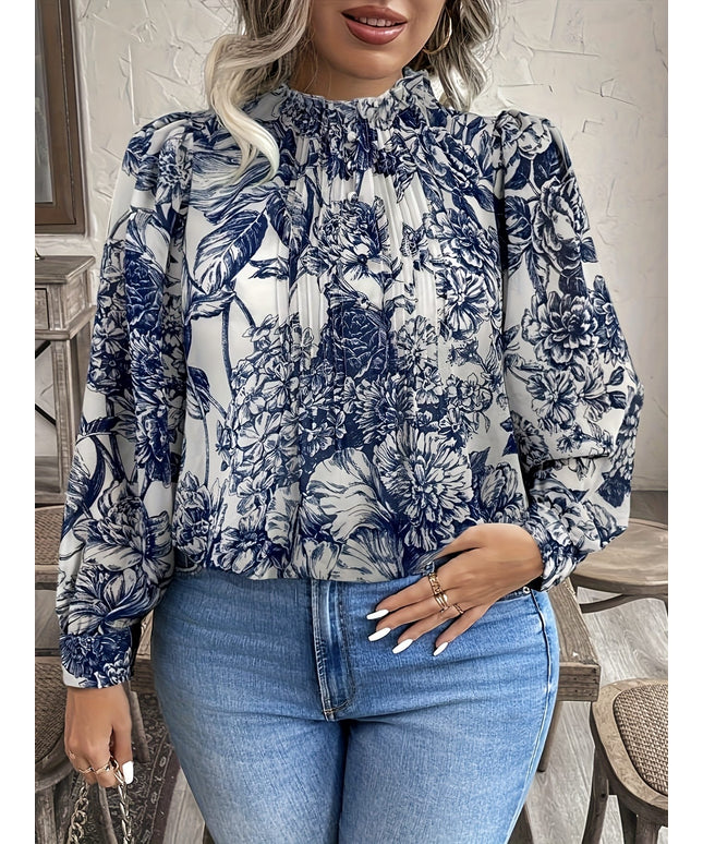 KissICON Plus Size, Women's Elegant Blouse - Long Sleeve Button-front top, Navy & White Floral pattern, Non-Stretchy Fabric for Formal & Casual Outfits - All-Season Women's Clothing