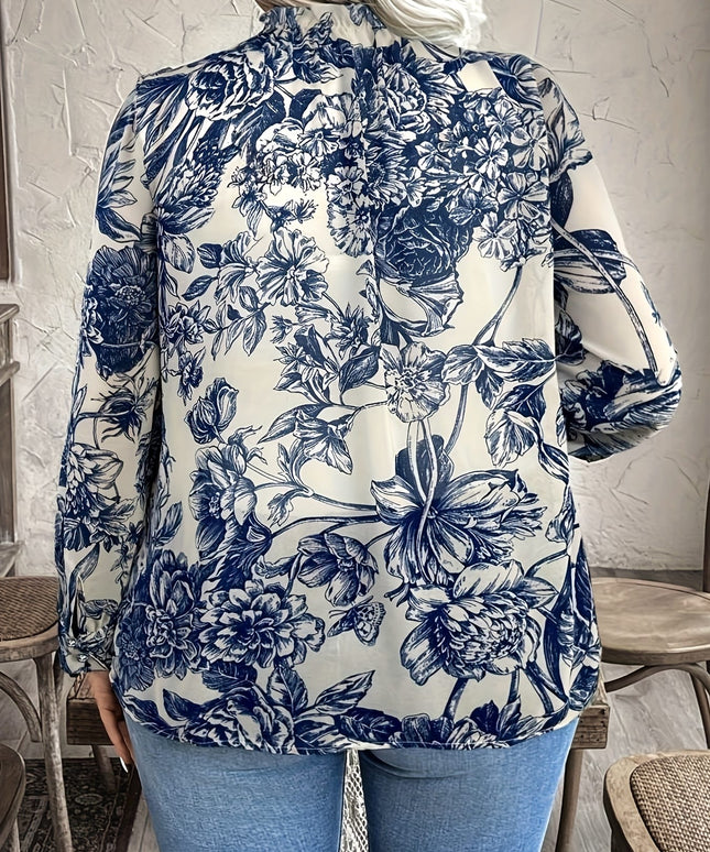 KissICON Plus Size, Women's Elegant Blouse - Long Sleeve Button-front top, Navy & White Floral pattern, Non-Stretchy Fabric for Formal & Casual Outfits - All-Season Women's Clothing
