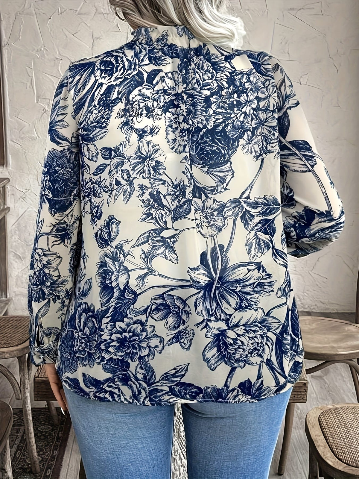 KissICON Plus Size, Women's Elegant Blouse - Long Sleeve Button-front top, Navy & White Floral pattern, Non-Stretchy Fabric for Formal & Casual Outfits - All-Season Women's Clothing
