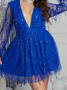 jkthpu-45 Plus Size, Women's Elegant Blue Sequin Mermaid/Flared Mini Dress - Long Sleeve Sparkling Party Dress with Train, Machine Washable Clubwear Cocktail Gown for Prom, Weddings & Night Out