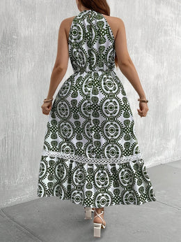 jkthpu-45 Plus Size Women's Elegant Botanical Print Halter Neck Dress with Lace Trim & Flowy Ruffled Hem - Summer Long Dress, Fitted Top & Flared Skirt, Machine Washable, Floral Maxi Dress, Vacation Outfit, Lightweight Fabric, Curvy Women
