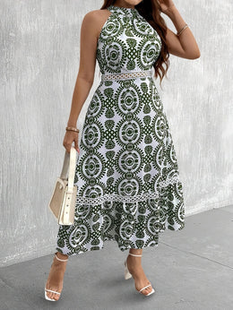 jkthpu-45 Plus Size Women's Elegant Botanical Print Halter Neck Dress with Lace Trim & Flowy Ruffled Hem - Summer Long Dress, Fitted Top & Flared Skirt, Machine Washable, Floral Maxi Dress, Vacation Outfit, Lightweight Fabric, Curvy Women