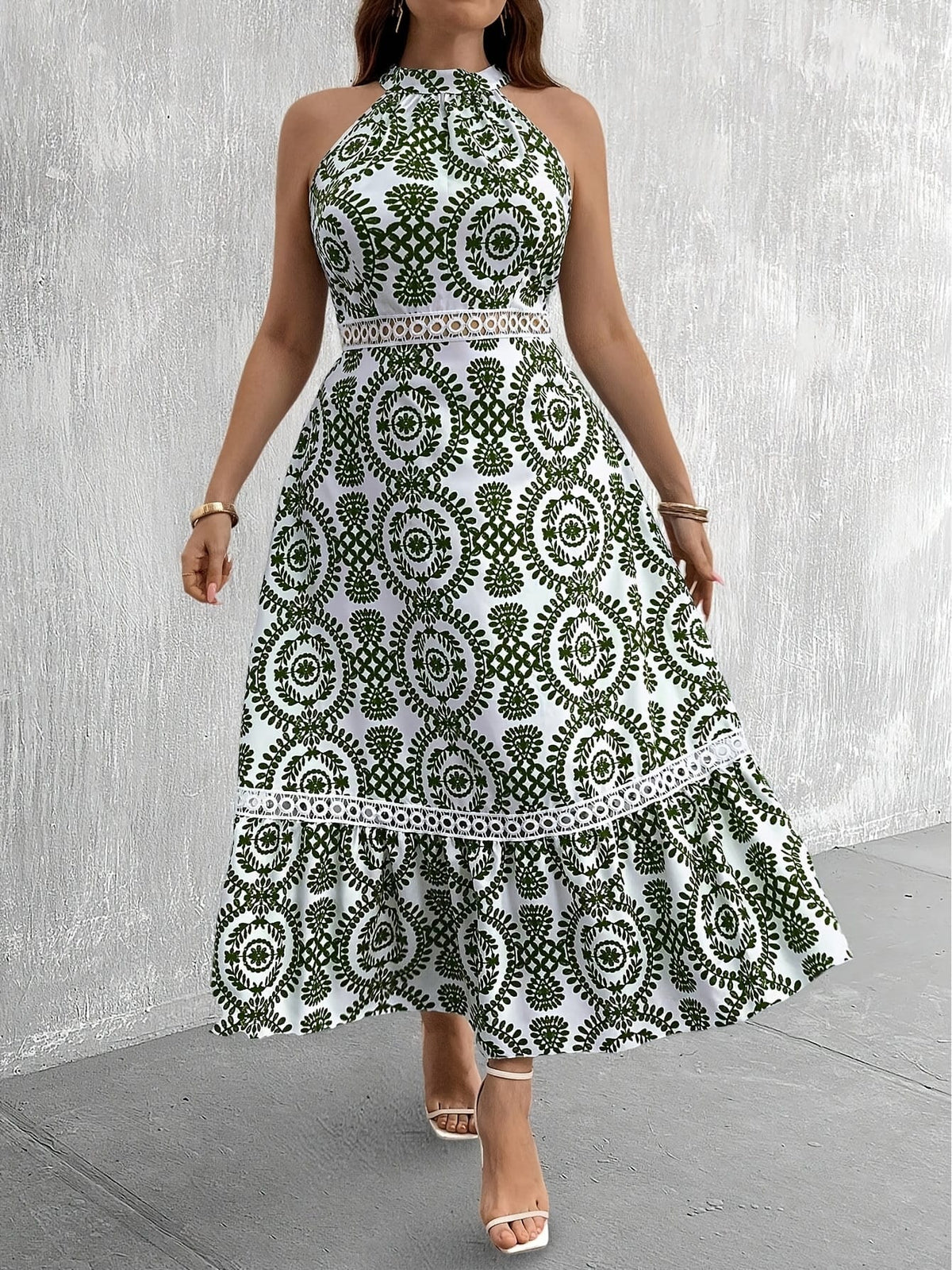 jkthpu-45 Plus Size Women's Elegant Botanical Print Halter Neck Dress with Lace Trim & Flowy Ruffled Hem - Summer Long Dress, Fitted Top & Flared Skirt, Machine Washable, Floral Maxi Dress, Vacation Outfit, Lightweight Fabric, Curvy Women