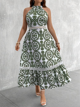 jkthpu-45 Plus Size Women's Elegant Botanical Print Halter Neck Dress with Lace Trim & Flowy Ruffled Hem - Summer Long Dress, Fitted Top & Flared Skirt, Machine Washable, Floral Maxi Dress, Vacation Outfit, Lightweight Fabric, Curvy Women