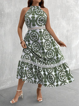jkthpu-45 Plus Size Women's Elegant Botanical Print Halter Neck Dress with Lace Trim & Flowy Ruffled Hem - Summer Long Dress, Fitted Top & Flared Skirt, Machine Washable, Floral Maxi Dress, Vacation Outfit, Lightweight Fabric, Curvy Women