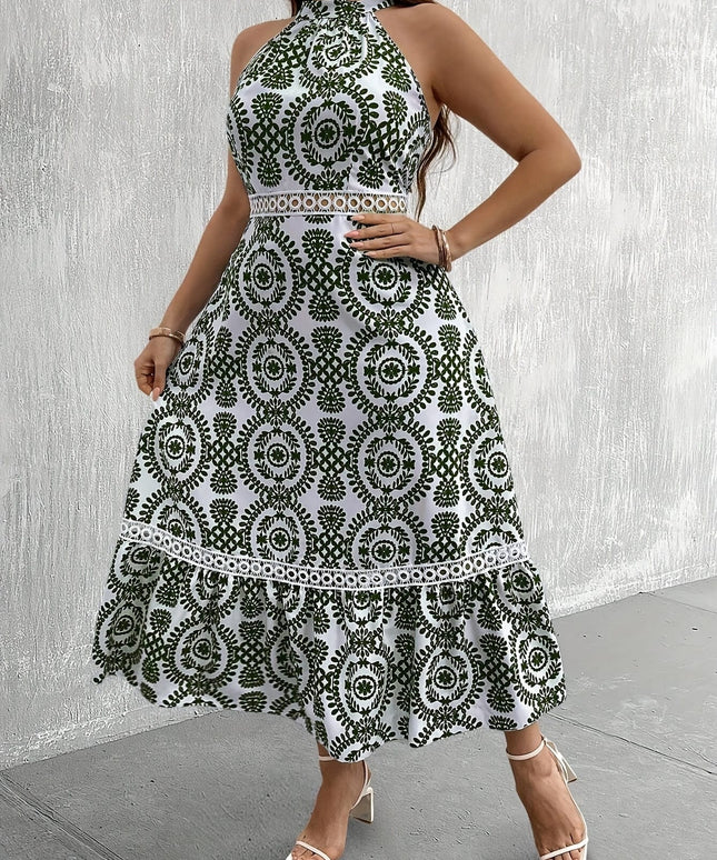jkthpu-45 Plus Size Women's Elegant Botanical Print Halter Neck Dress with Lace Trim & Flowy Ruffled Hem - Summer Long Dress, Fitted Top & Flared Skirt, Machine Washable, Floral Maxi Dress, Vacation Outfit, Lightweight Fabric, Curvy Women