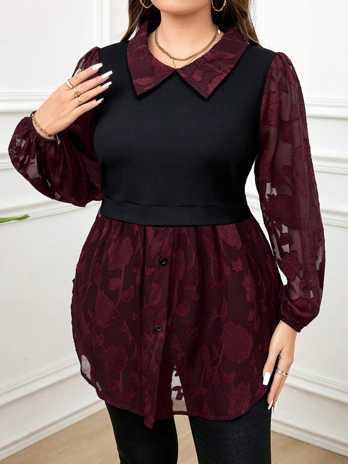 jkthpu-45 Plus Size Women's Elegant Contrast Color Block Blouse