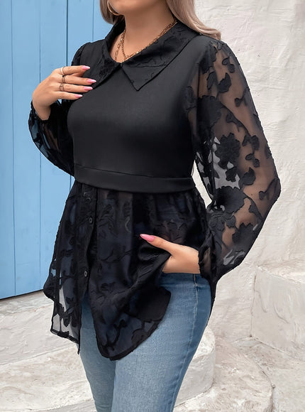 jkthpu-45 Plus Size Women's Elegant Contrast Color Block Blouse